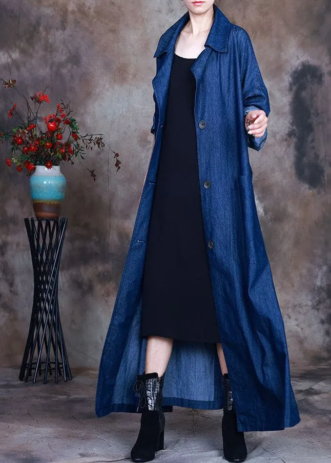 Fashion Blue button tie waist Peter Pan Collar Cotton denim trench coats Spring