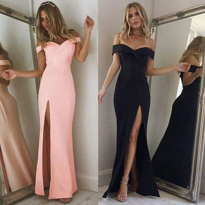 FashionSierra - Hot Women's Off Shoulder Dresses Casual Long Maxi Evening Party Beach Long Dress Solid Pink Black V-neck Summer Costume