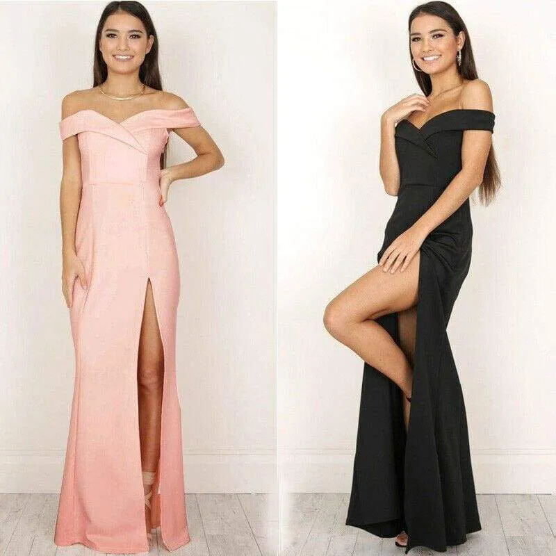 FashionSierra - Hot Women's Off Shoulder Dresses Casual Long Maxi Evening Party Beach Long Dress Solid Pink Black V-neck Summer Costume