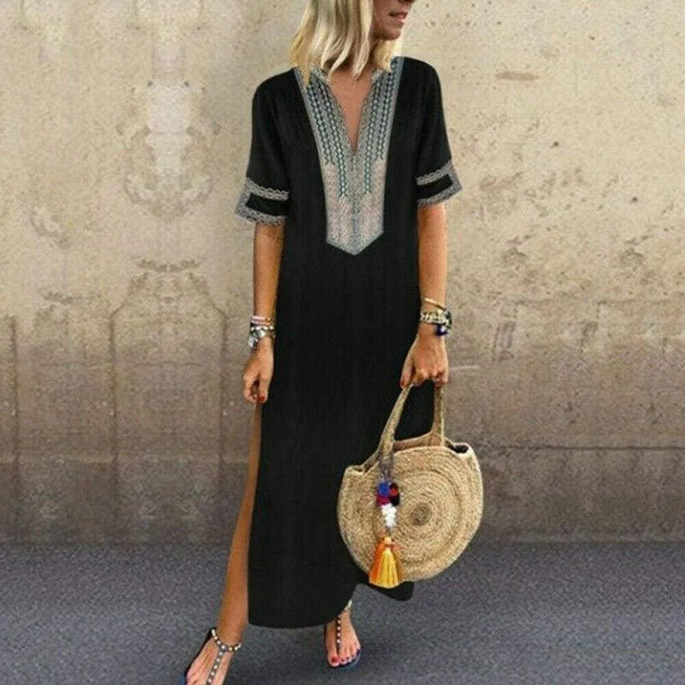 FashionSierra - Women's Bohemian Floral Print Split Cotton Linen Maxi Dress Deep V Neck Long Sleeve Summer Casual Party Dresses Plus Size