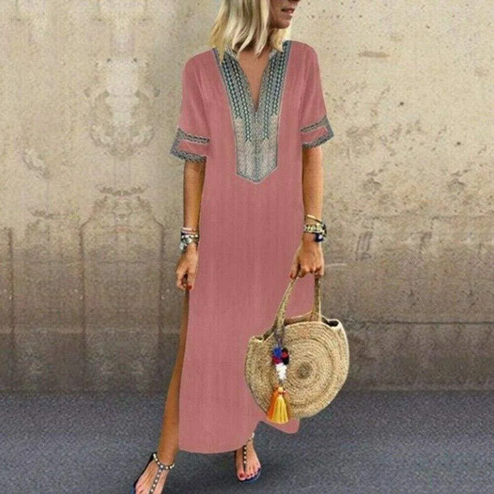 FashionSierra - Women's Bohemian Floral Print Split Cotton Linen Maxi Dress Deep V Neck Long Sleeve Summer Casual Party Dresses Plus Size