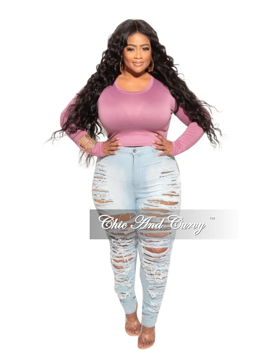 Final Sale Plus Size Long Sleeve Slim Fit Crop Top in Mauve