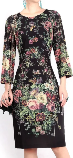 Floral & Key Print Sheath Dress, Black or Dark Green