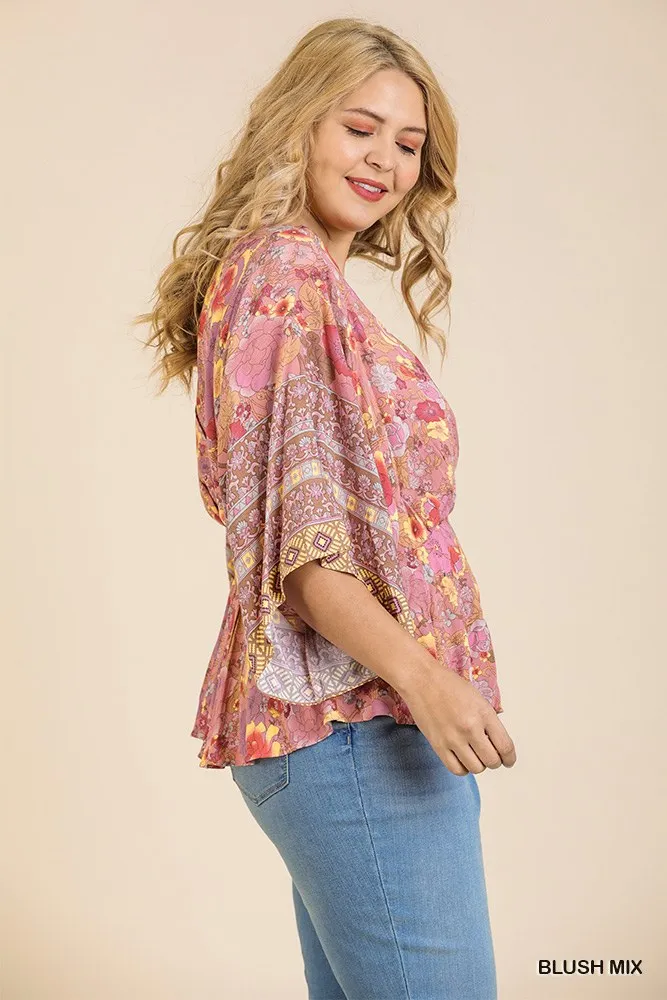 Floral Scarf Mixed Print Kimono Sleeve Round Neck Peplum Hem Top