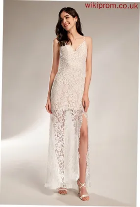 Front Justice Wedding With Wedding Dresses Floor-Length Lace Sheath/Column Split V-neck Dress