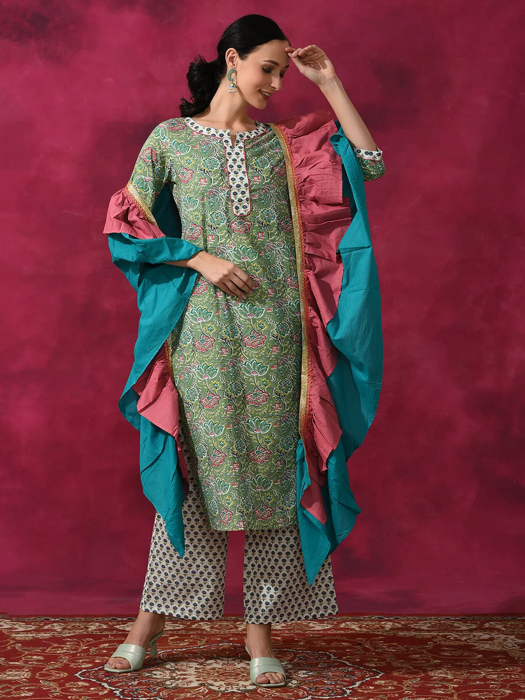 Green Floral Print Kurta Palazzo With Ruffle Dupatta