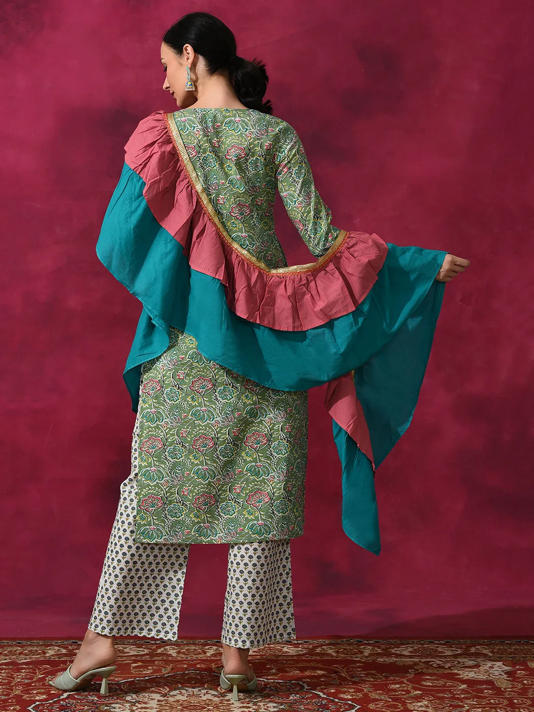 Green Floral Print Kurta Palazzo With Ruffle Dupatta