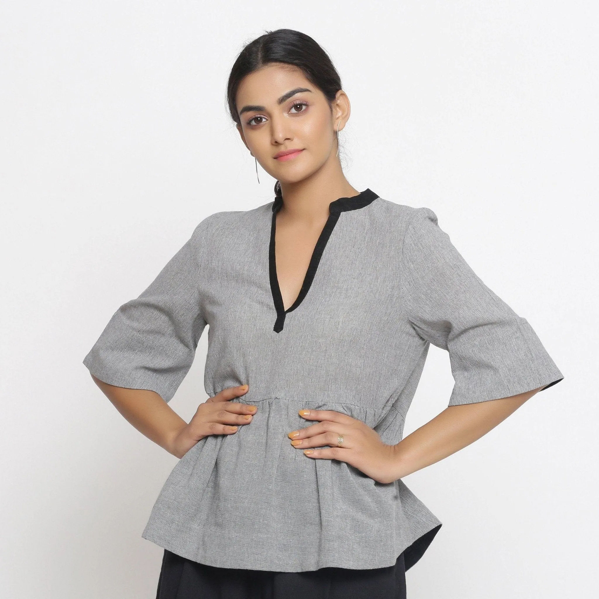 Grey Yarn Dyed Cotton Mandarin Collar Peplum Top