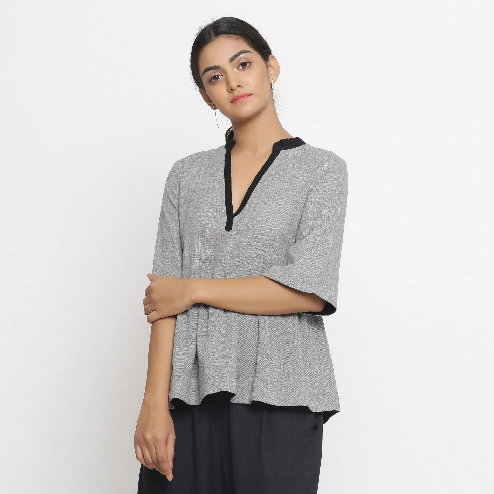 Grey Yarn Dyed Cotton Mandarin Collar Peplum Top