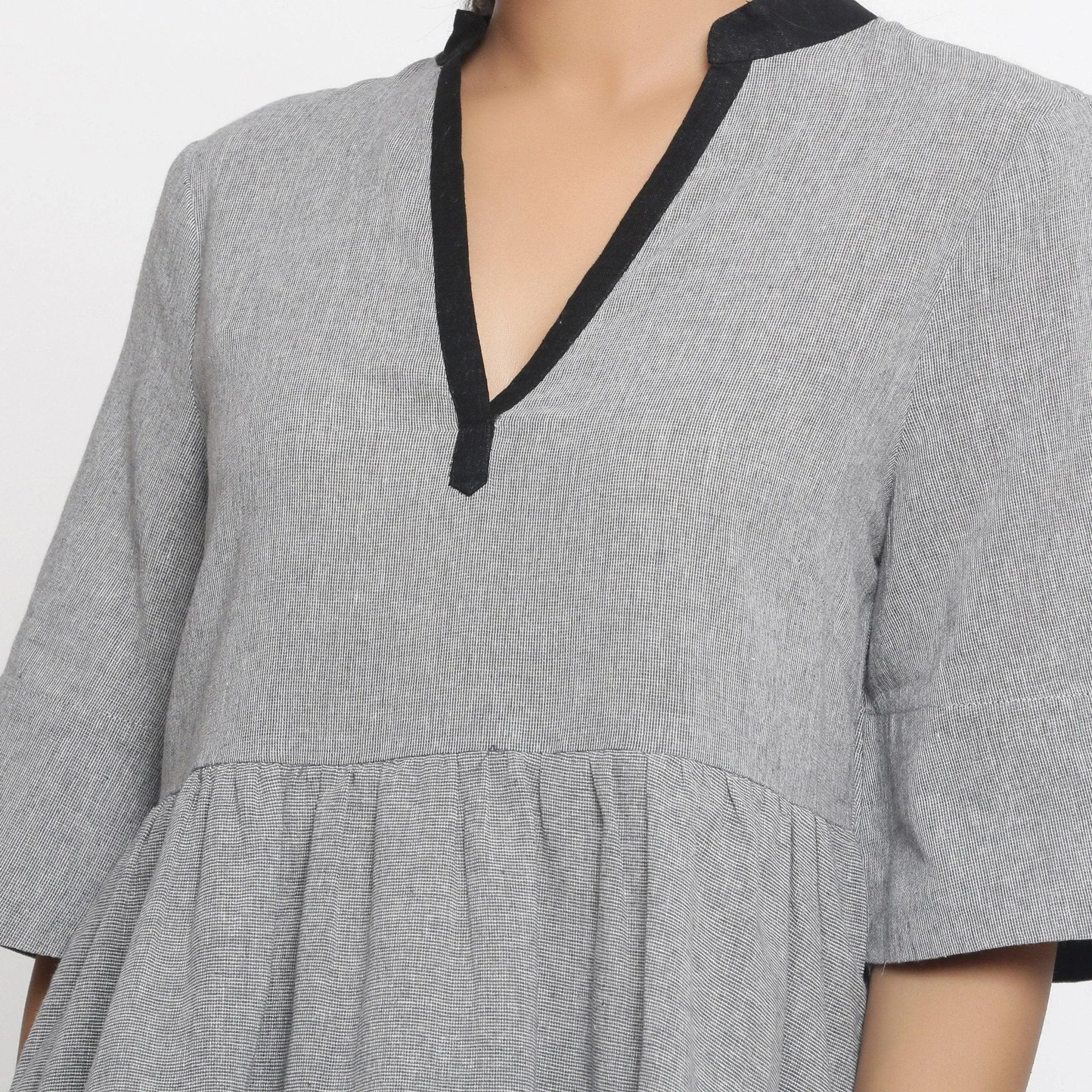 Grey Yarn Dyed Cotton Mandarin Collar Peplum Top