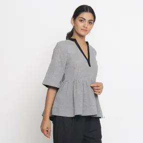 Grey Yarn Dyed Cotton Mandarin Collar Peplum Top