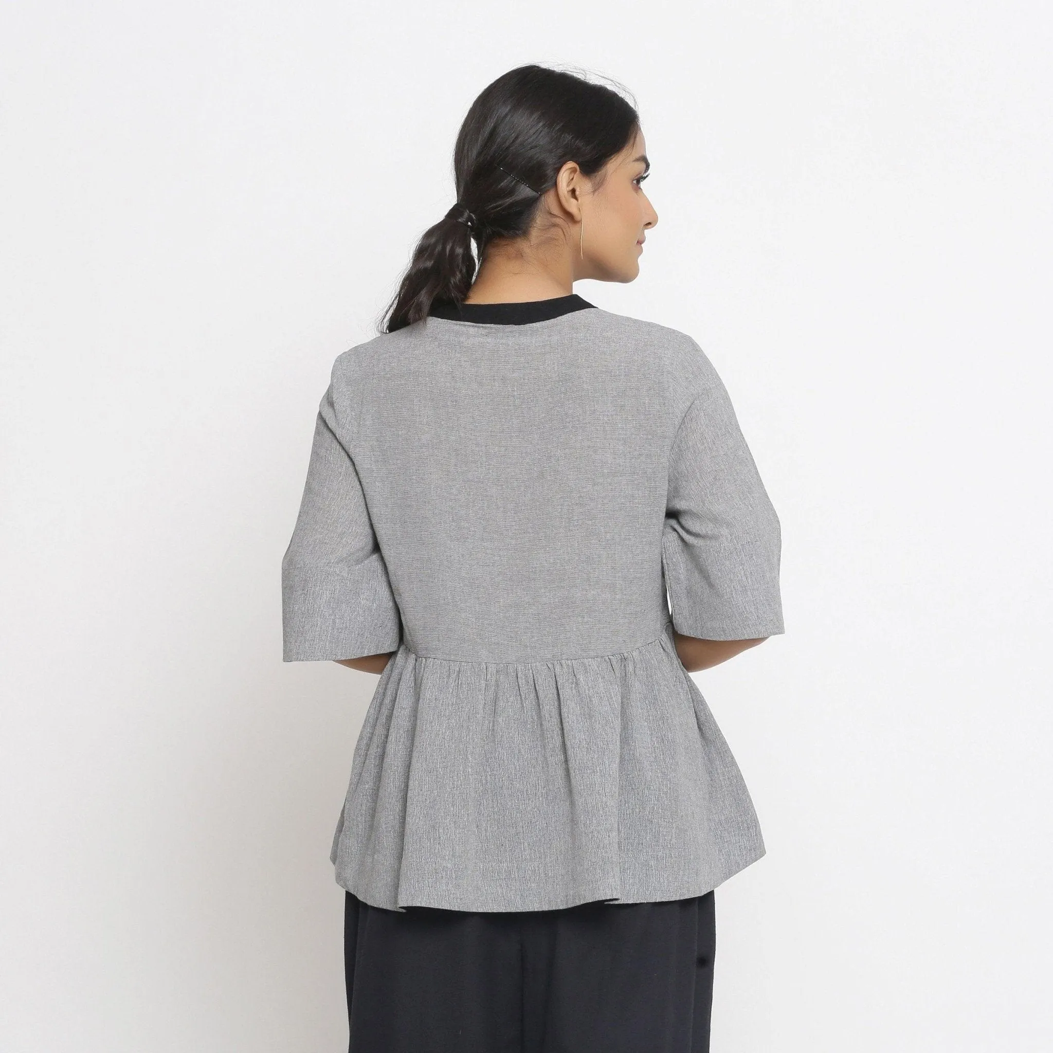 Grey Yarn Dyed Cotton Mandarin Collar Peplum Top