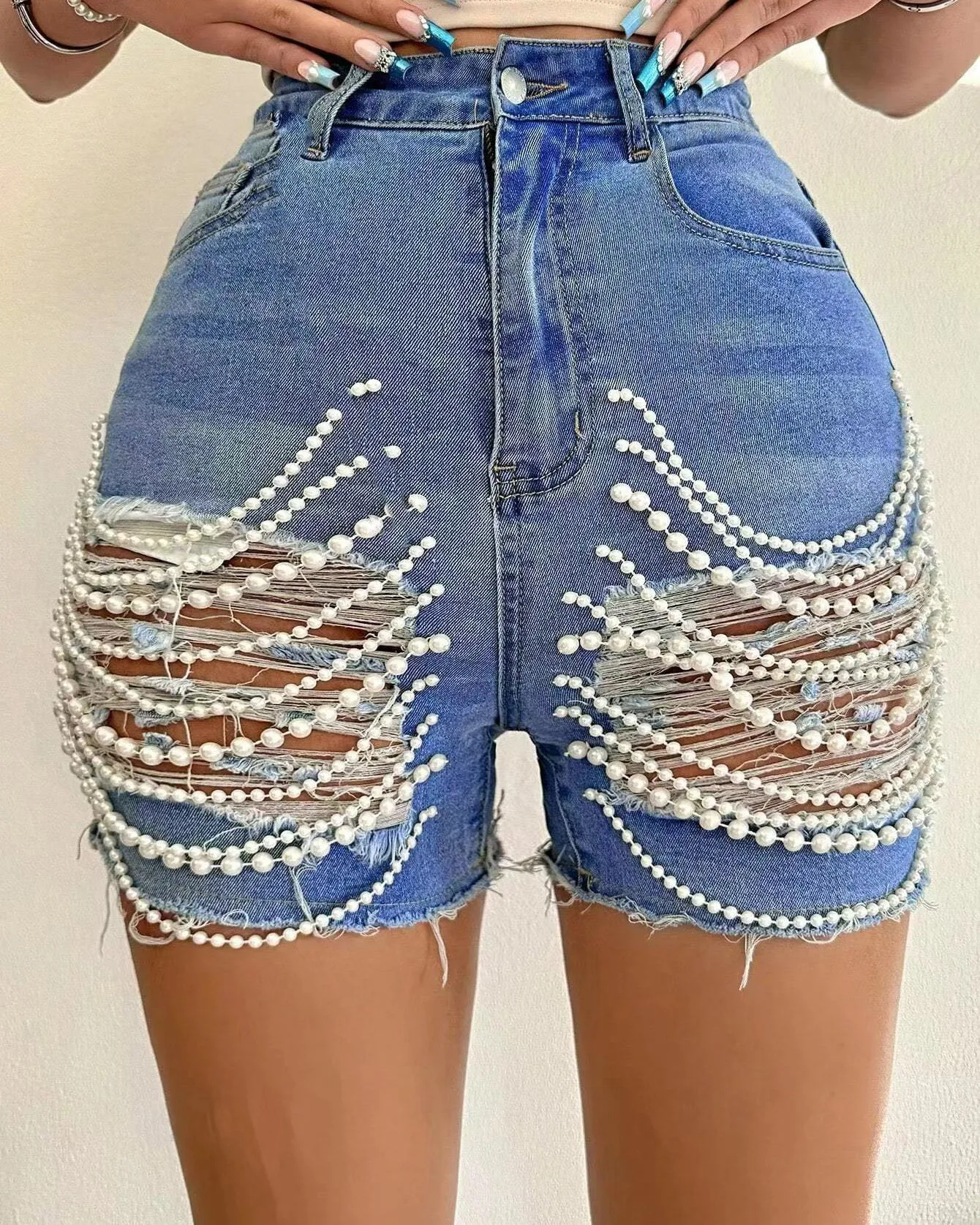 High Waist Handmade Bead Chain Ripped Denim Shorts