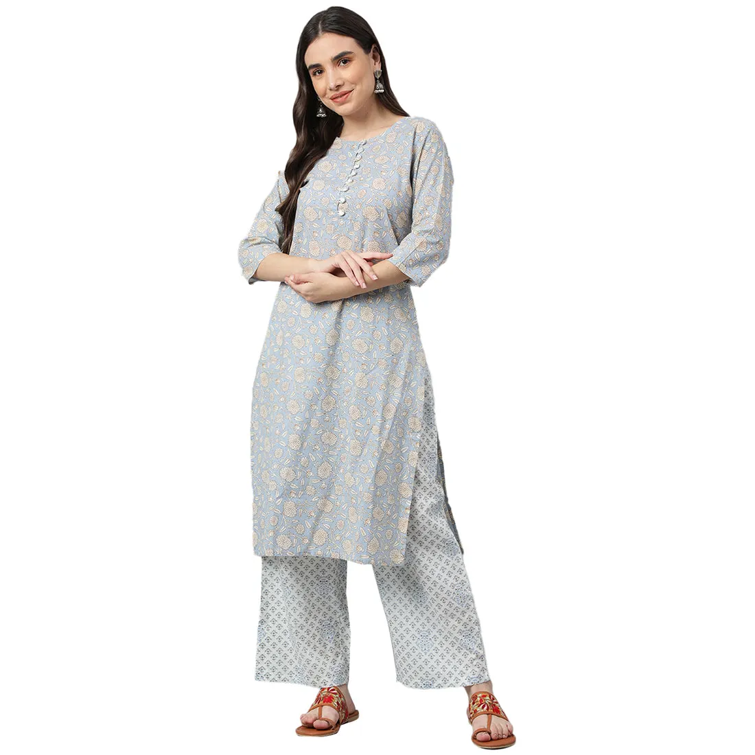 Idalia Sage Blue Printed Cotton Kurta With White Printed
Palazzo Pants