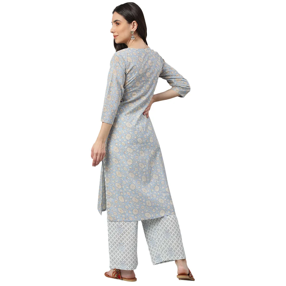 Idalia Sage Blue Printed Cotton Kurta With White Printed
Palazzo Pants