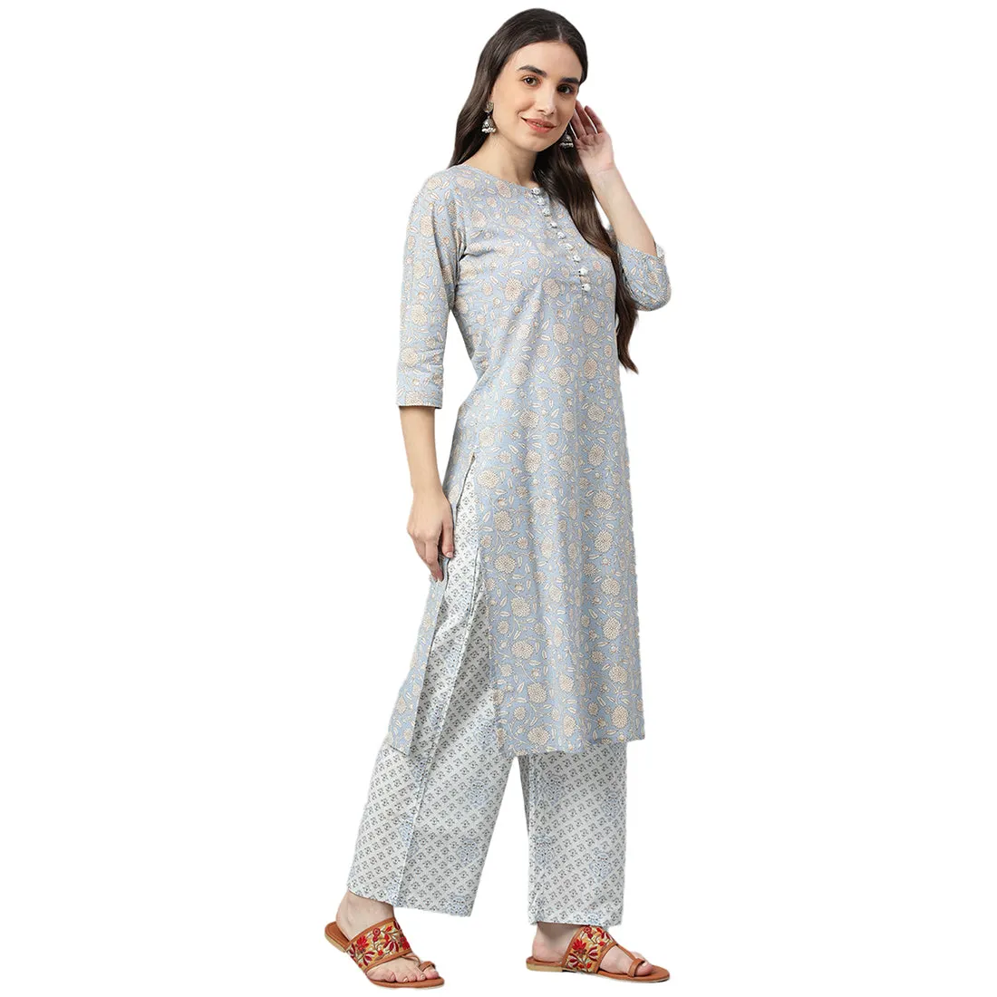 Idalia Sage Blue Printed Cotton Kurta With White Printed
Palazzo Pants