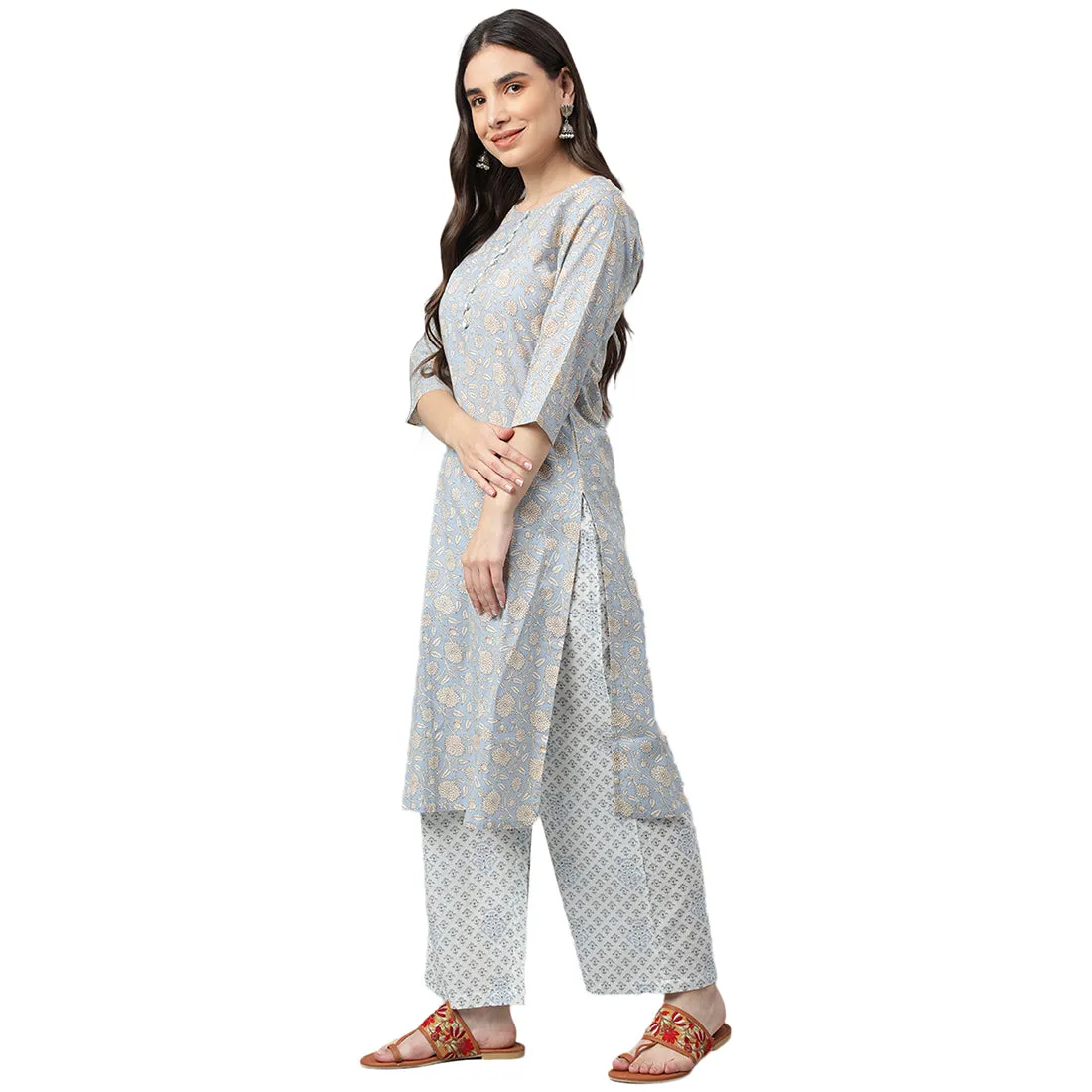 Idalia Sage Blue Printed Cotton Kurta With White Printed
Palazzo Pants