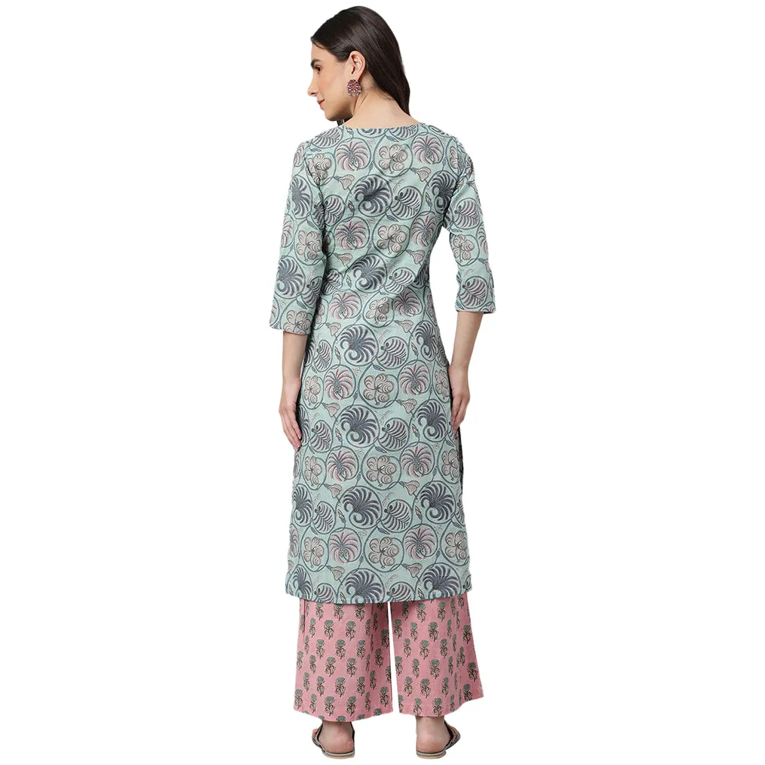 Idalia Sky Blue Printed Cotton Kurta
With Bright Pink Printed
Palazzo Pants