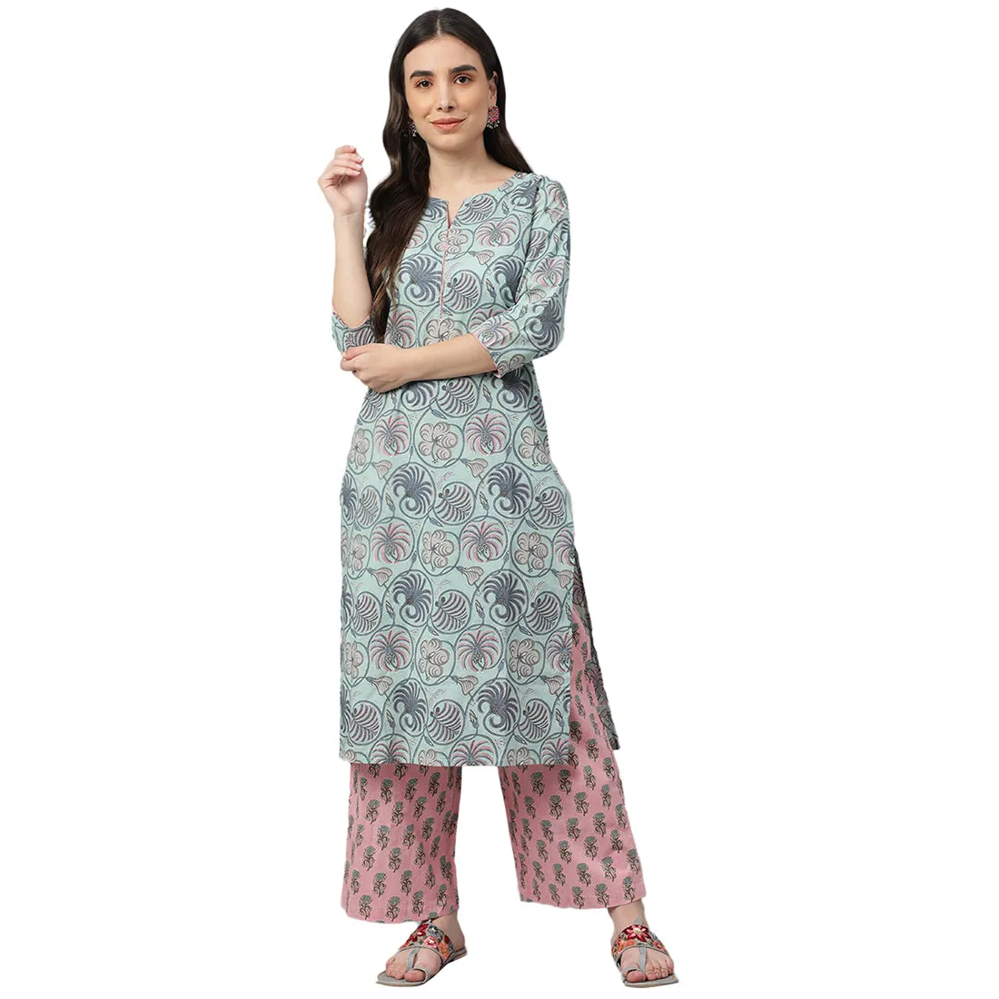 Idalia Sky Blue Printed Cotton Kurta
With Bright Pink Printed
Palazzo Pants