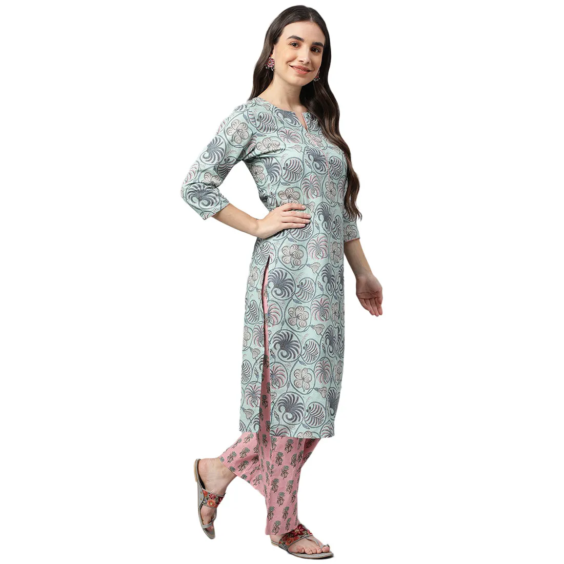 Idalia Sky Blue Printed Cotton Kurta
With Bright Pink Printed
Palazzo Pants