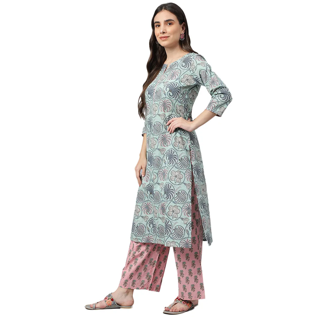 Idalia Sky Blue Printed Cotton Kurta
With Bright Pink Printed
Palazzo Pants