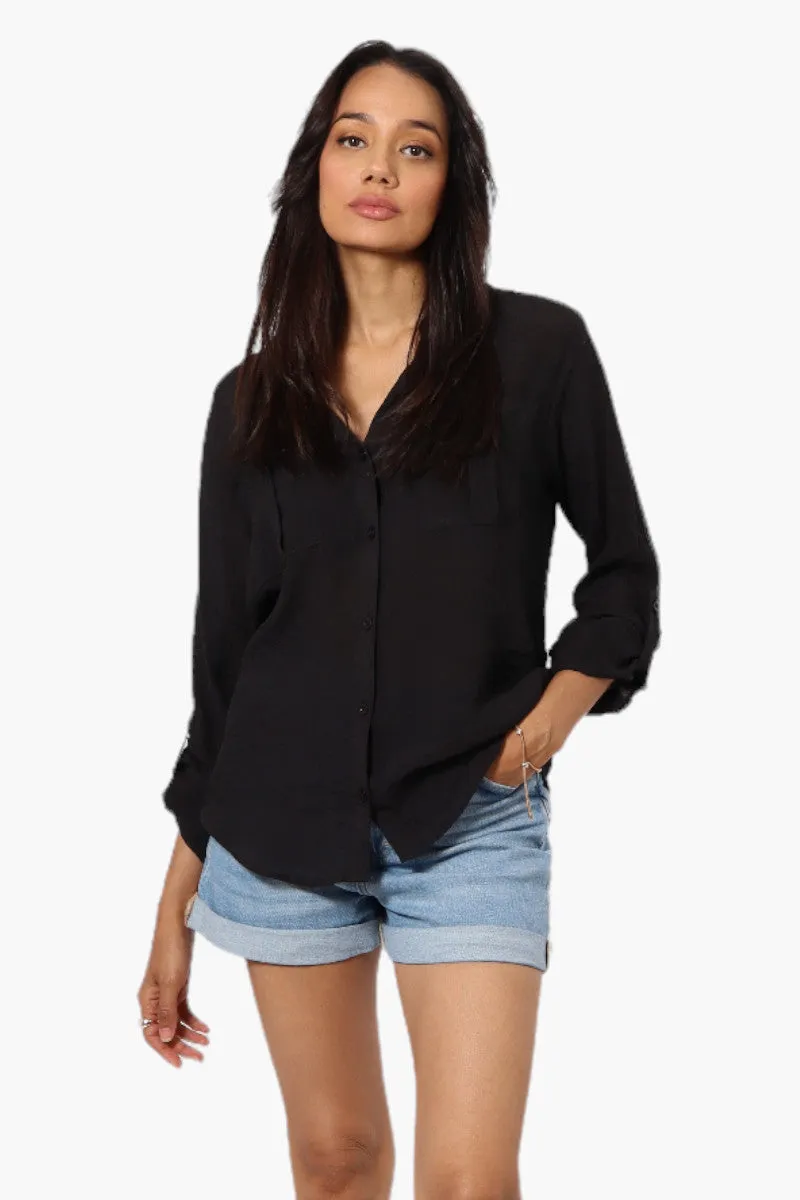 International INC Company Button Up Roll Up Sleeve Blouse - Black