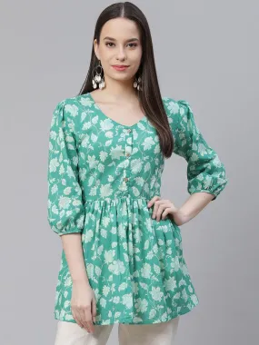 Jashvi Sea green Floral Printed Peplum Cotton top