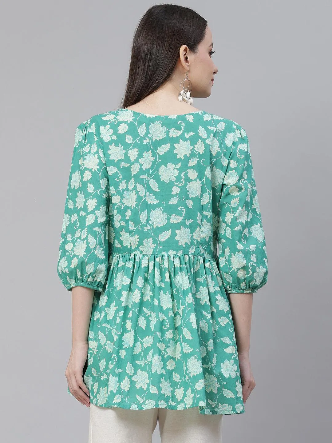 Jashvi Sea green Floral Printed Peplum Cotton top