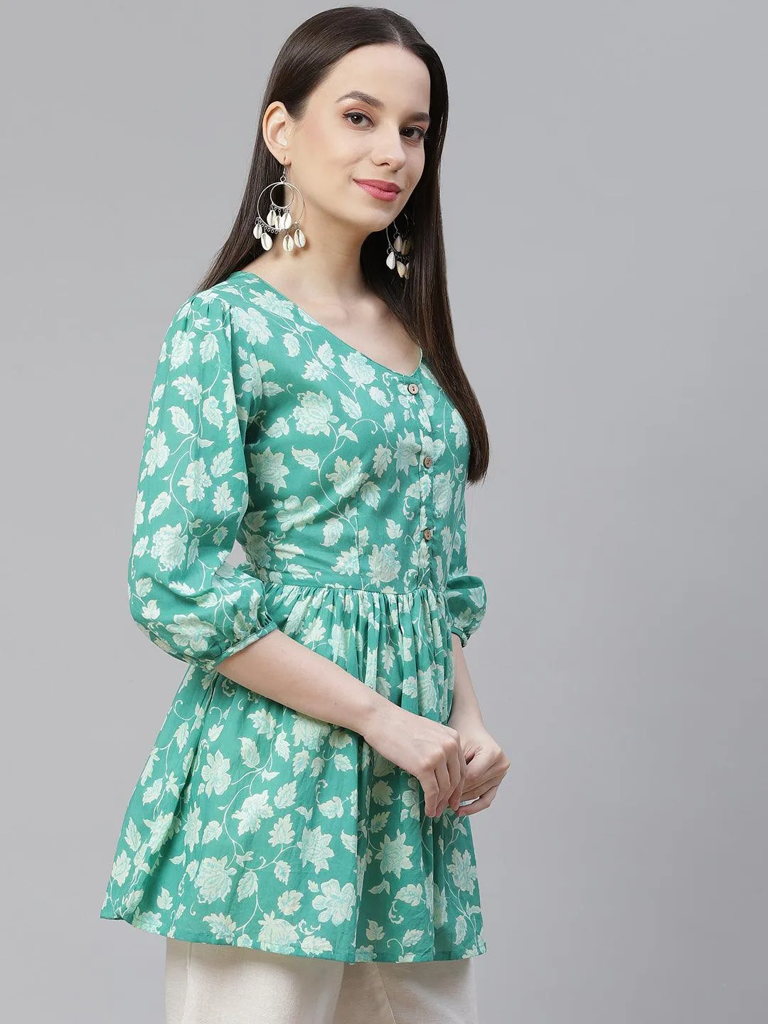 Jashvi Sea green Floral Printed Peplum Cotton top