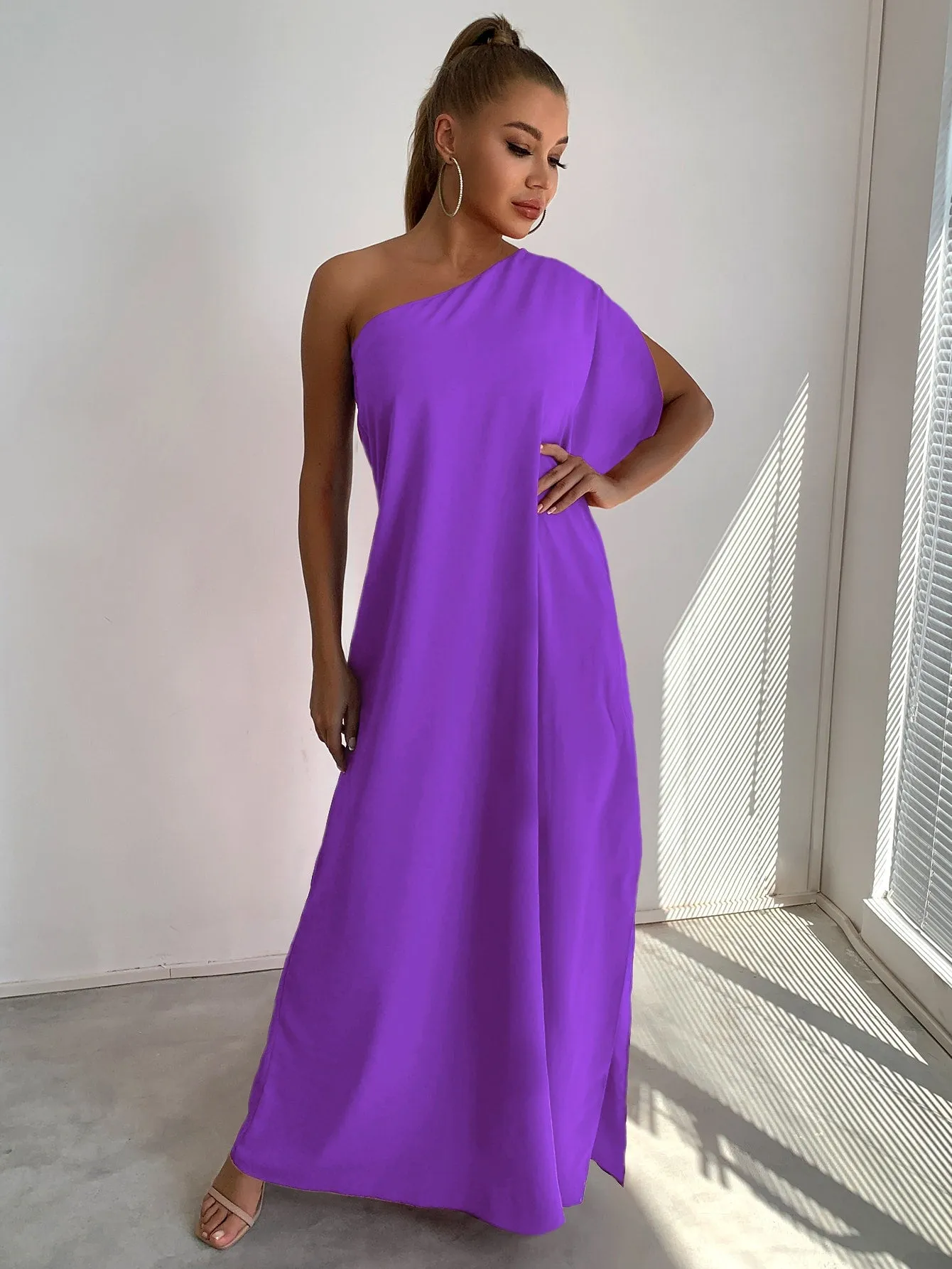 Joyfunear One Shoulder Split Sleeve Maxi Dress