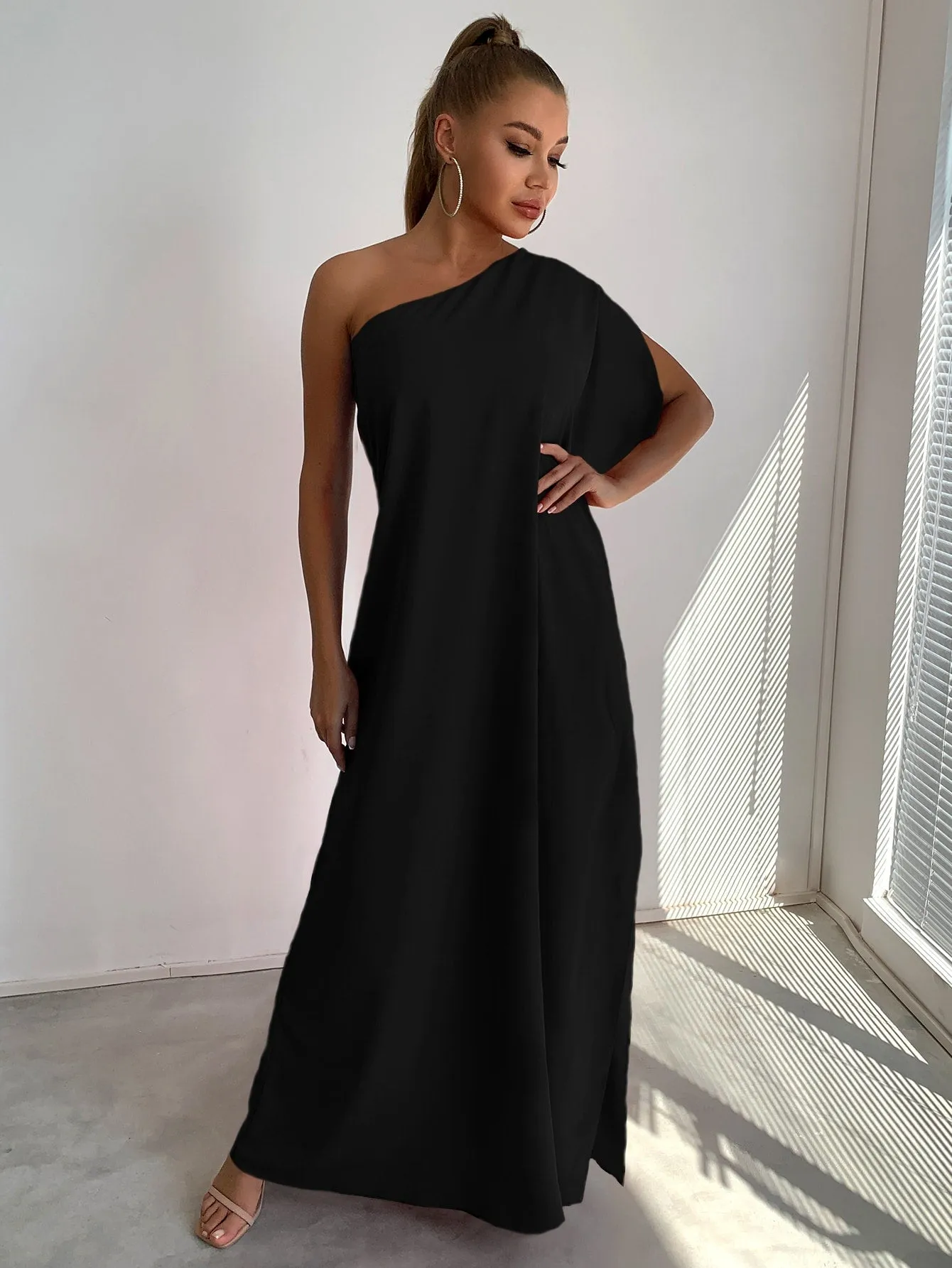 Joyfunear One Shoulder Split Sleeve Maxi Dress