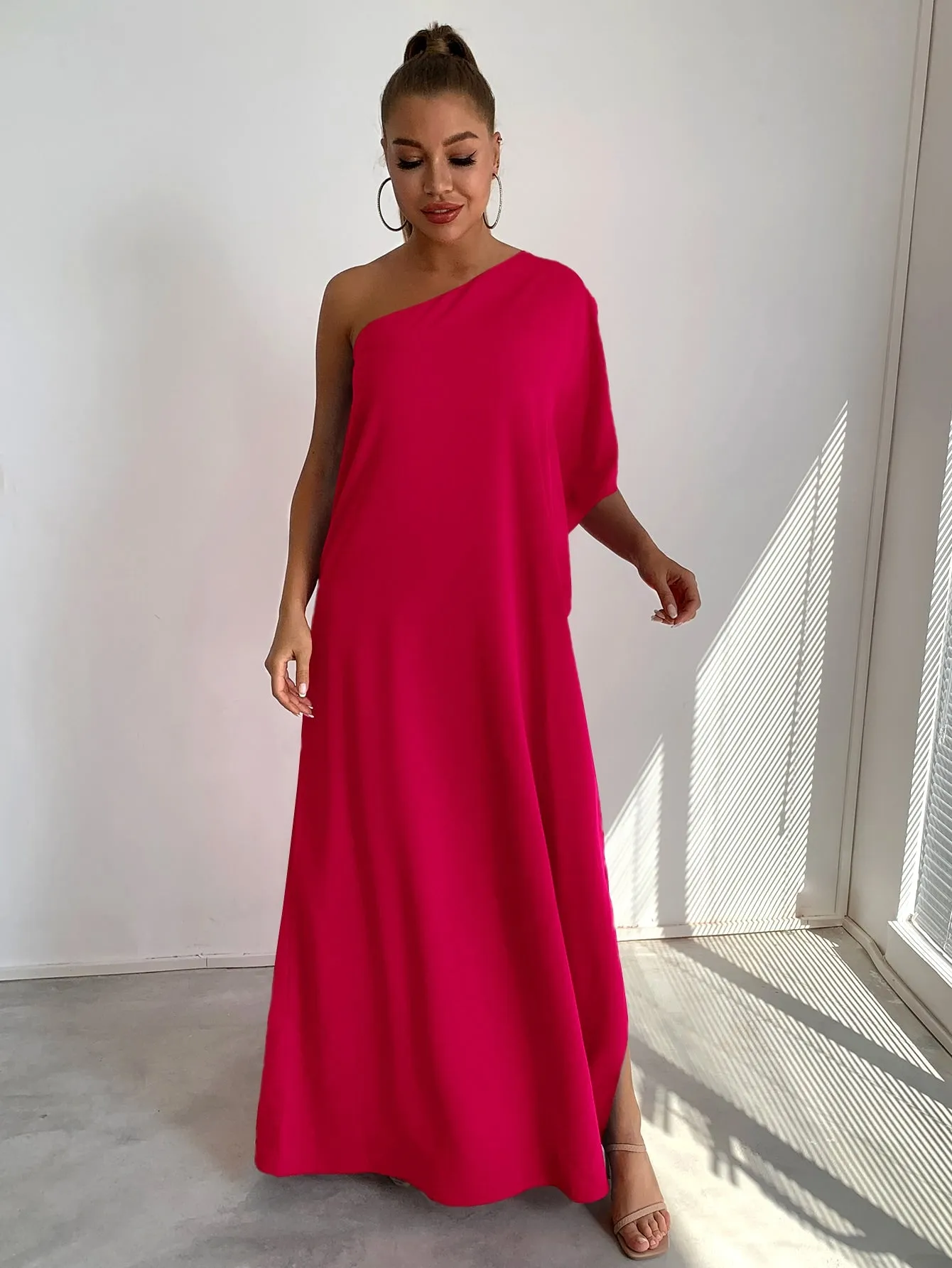 Joyfunear One Shoulder Split Sleeve Maxi Dress