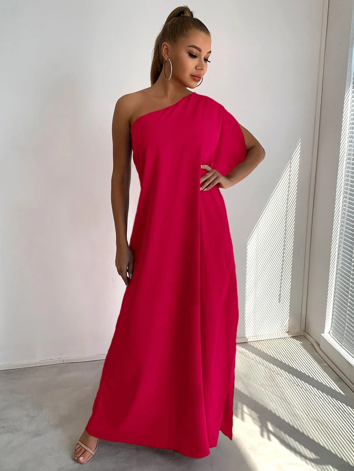 Joyfunear One Shoulder Split Sleeve Maxi Dress