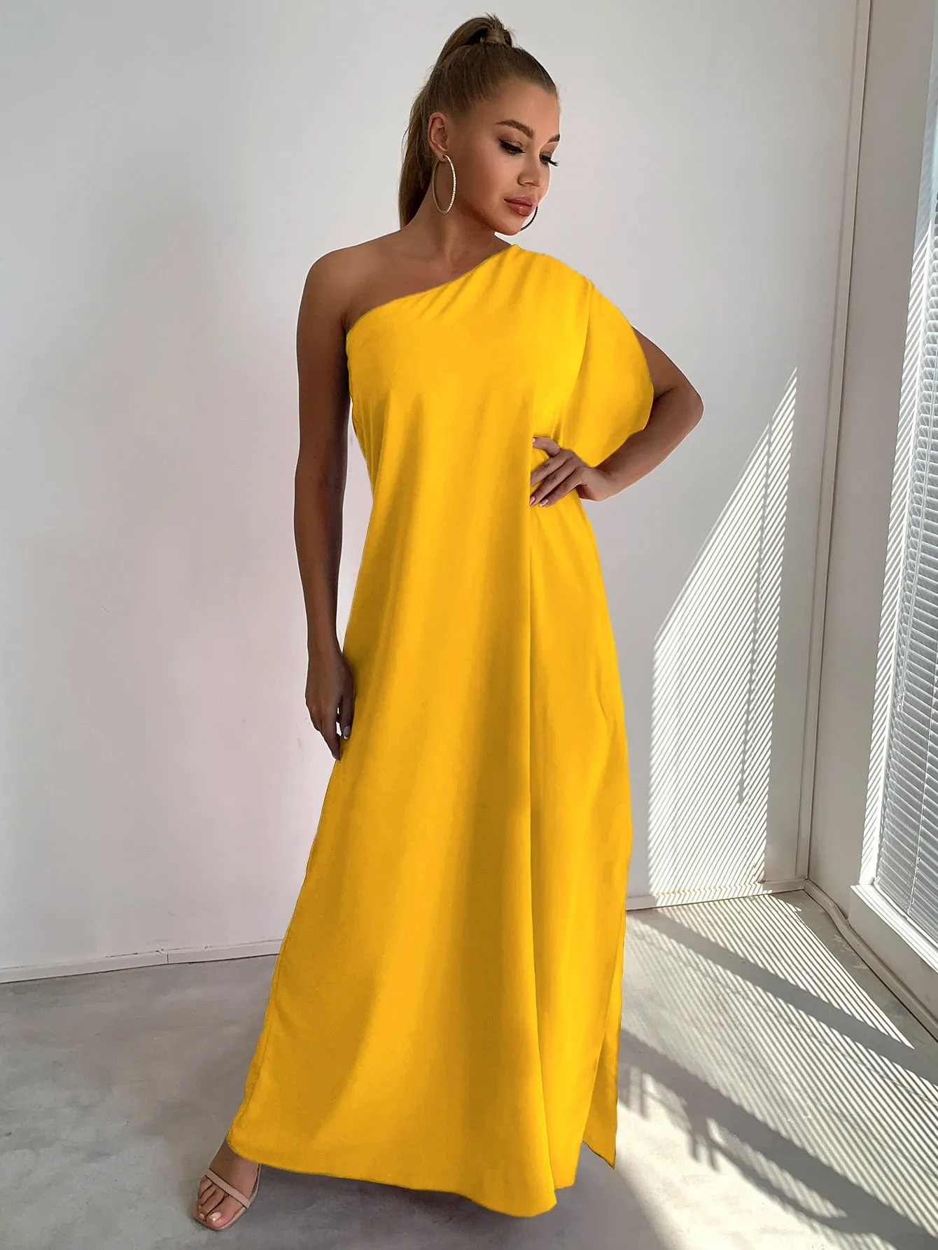 Joyfunear One Shoulder Split Sleeve Maxi Dress