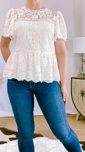 Kacy Flutter Sleeve Lace Peplum White Top