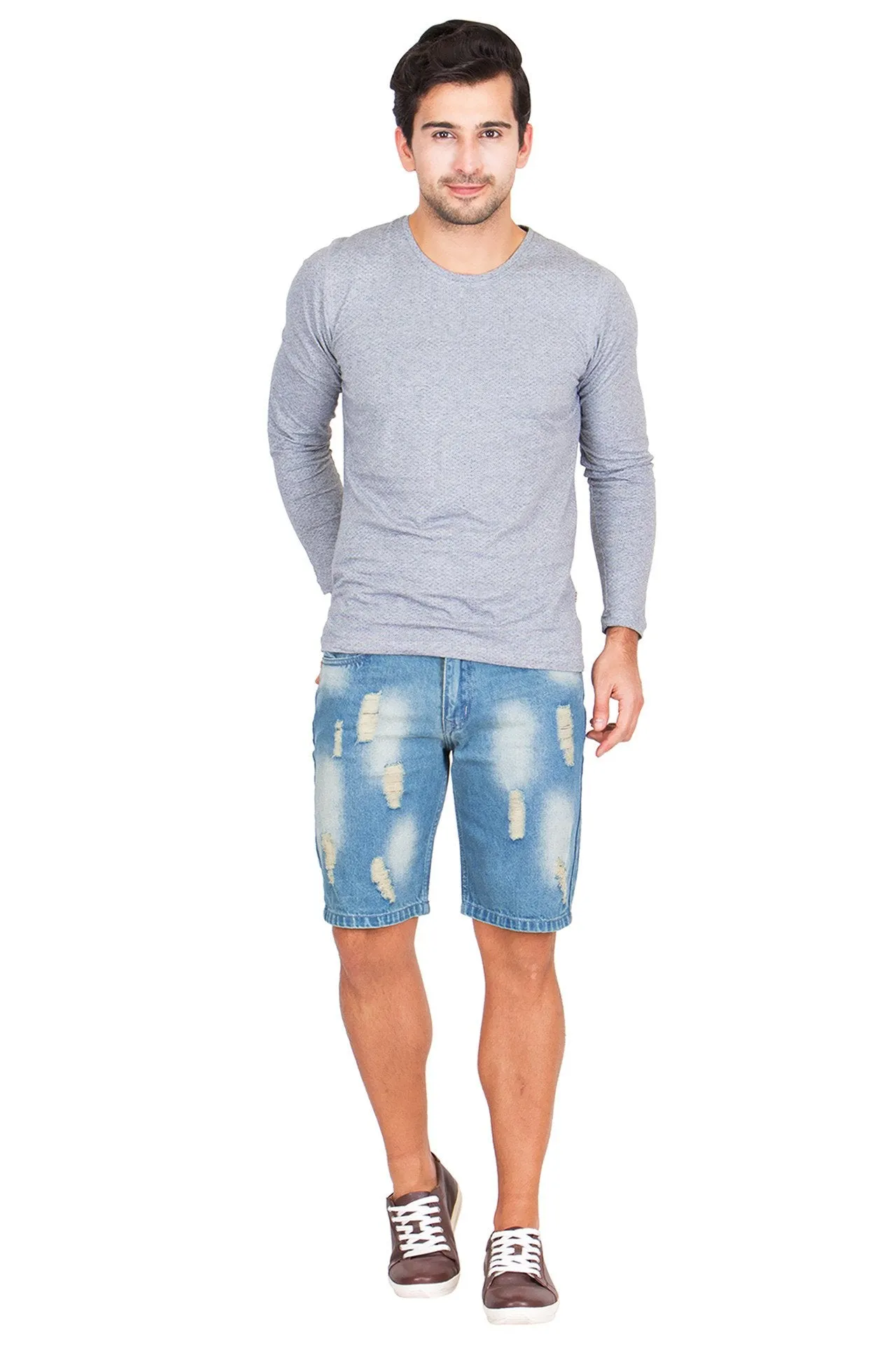 Krossstitch Men's Light Blue Denim Ripped Shorts