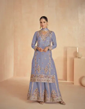 Lavender Chinnon Silk Palazzo Suit with Intricate Floral Embroidery