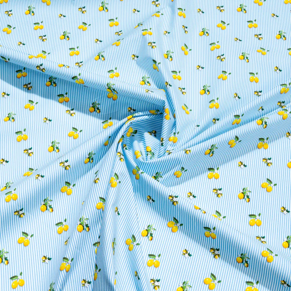 Lemon Printed Sky Blue Striped Pure Cotton