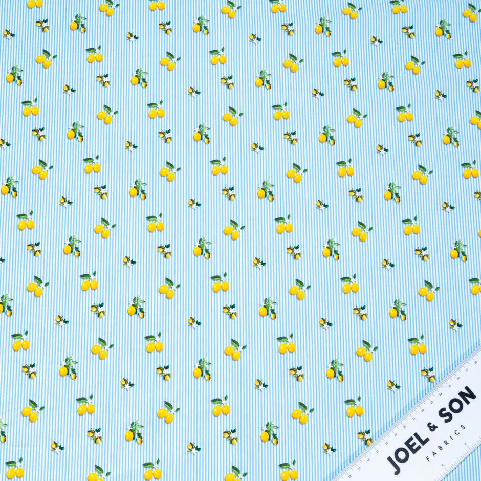 Lemon Printed Sky Blue Striped Pure Cotton