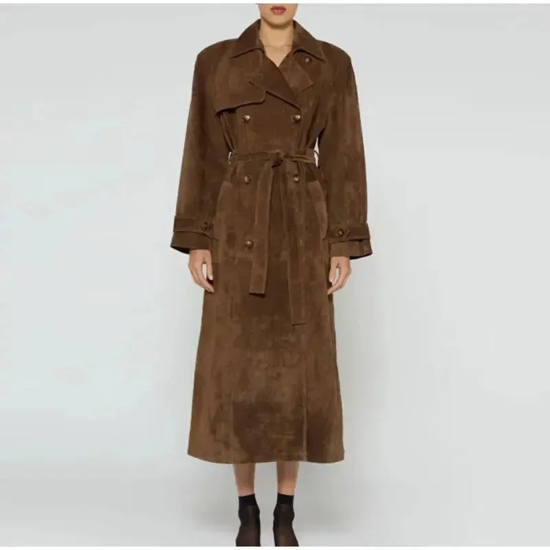 Long suede windbreaker trench coat