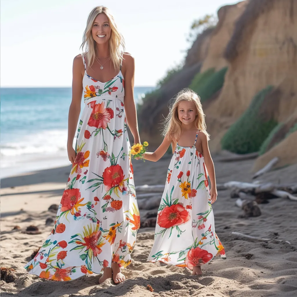 Matching Mom and Daughter Beach Flower Print Maxi Dress Pair