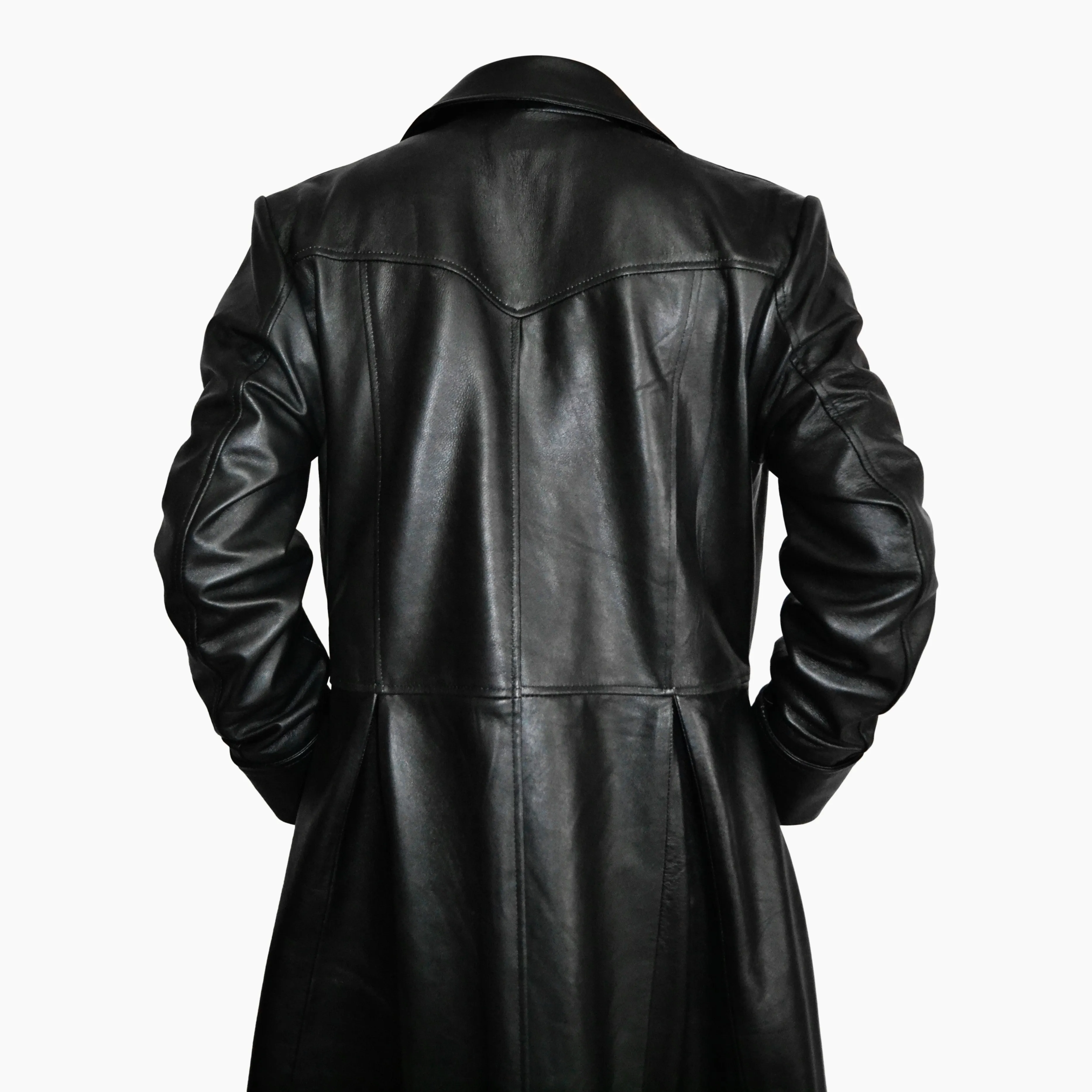 Mens Black Slim Fit Genuine Leather Double Breasted Gothic Trench Long Coat