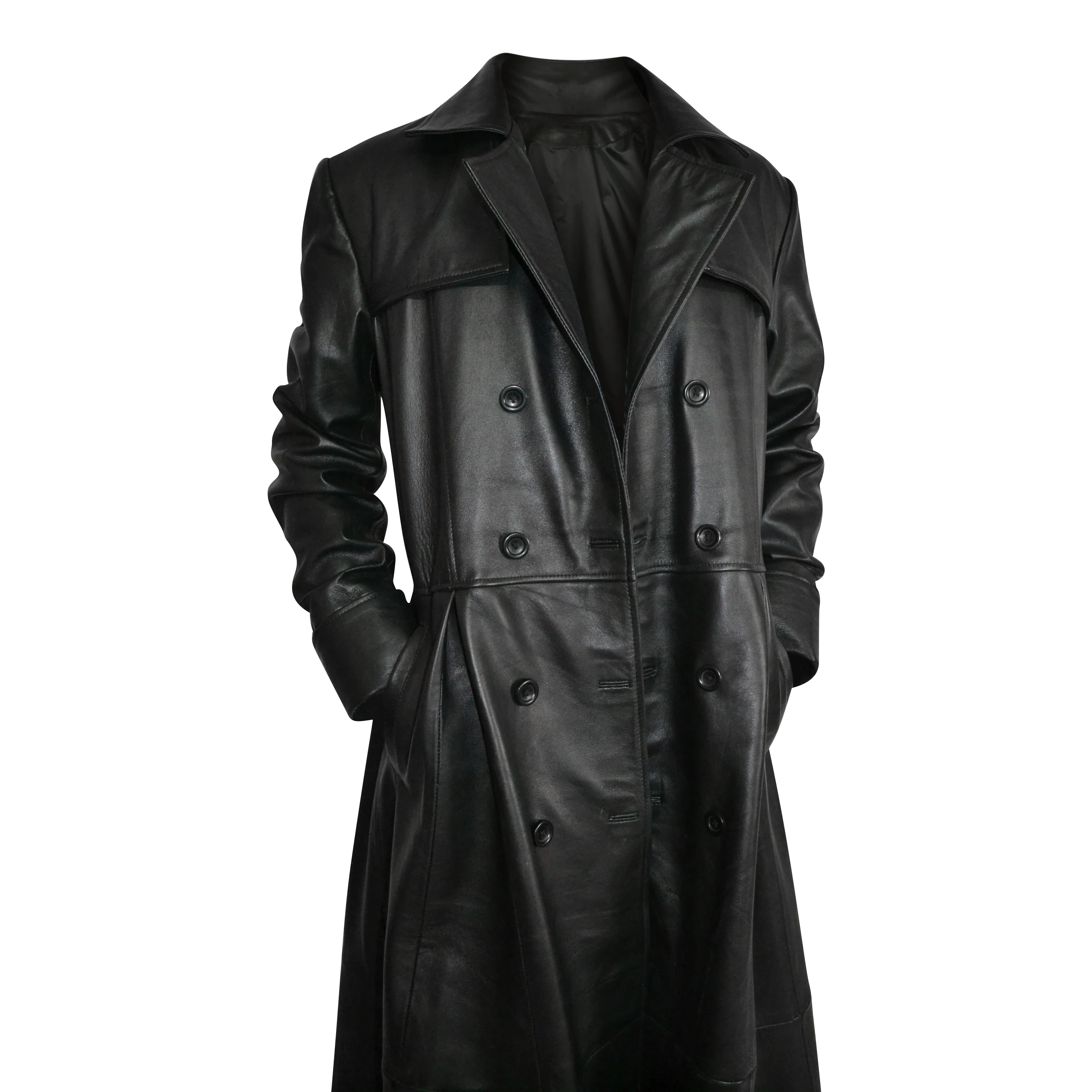 Mens Black Slim Fit Genuine Leather Double Breasted Gothic Trench Long Coat