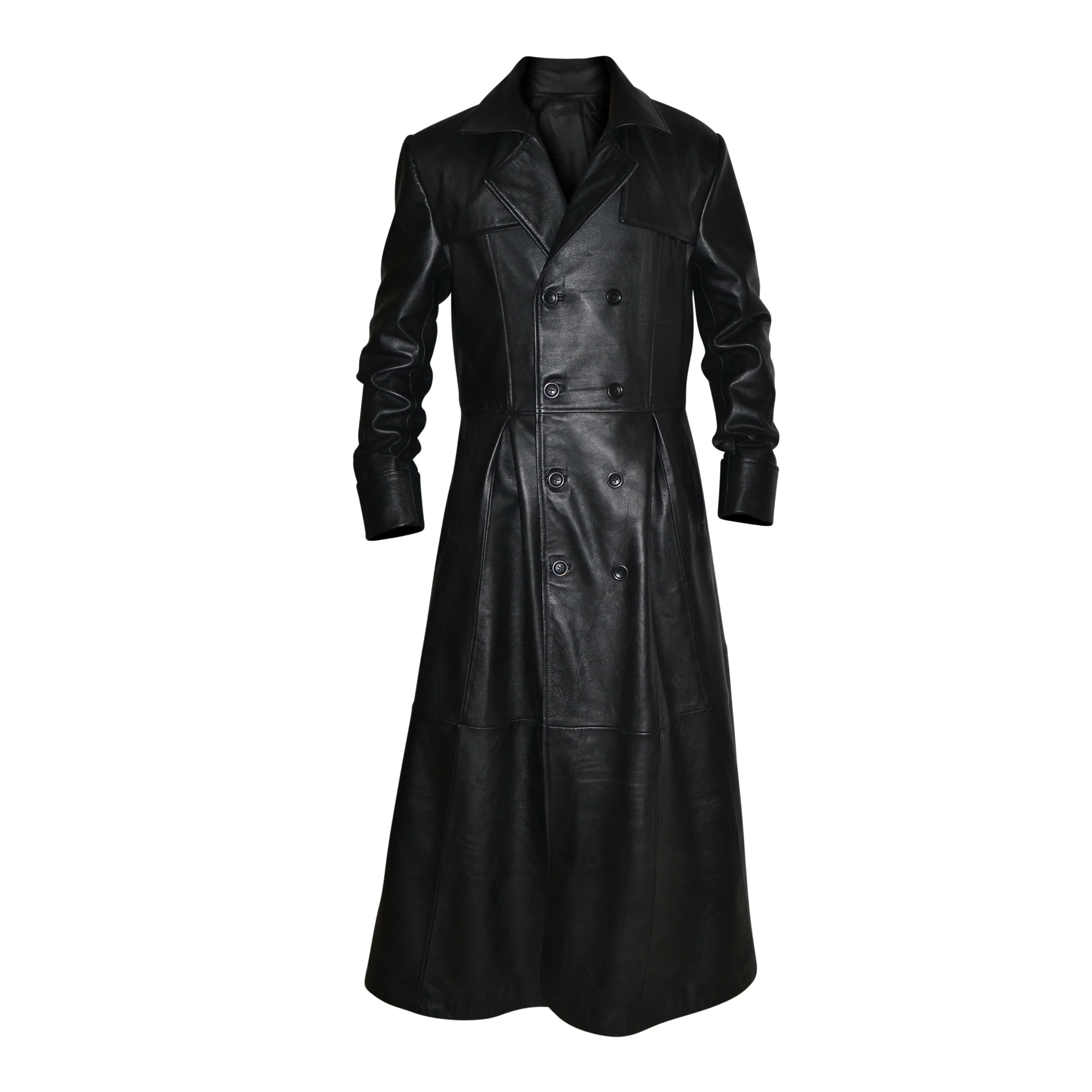 Mens Black Slim Fit Genuine Leather Double Breasted Gothic Trench Long Coat