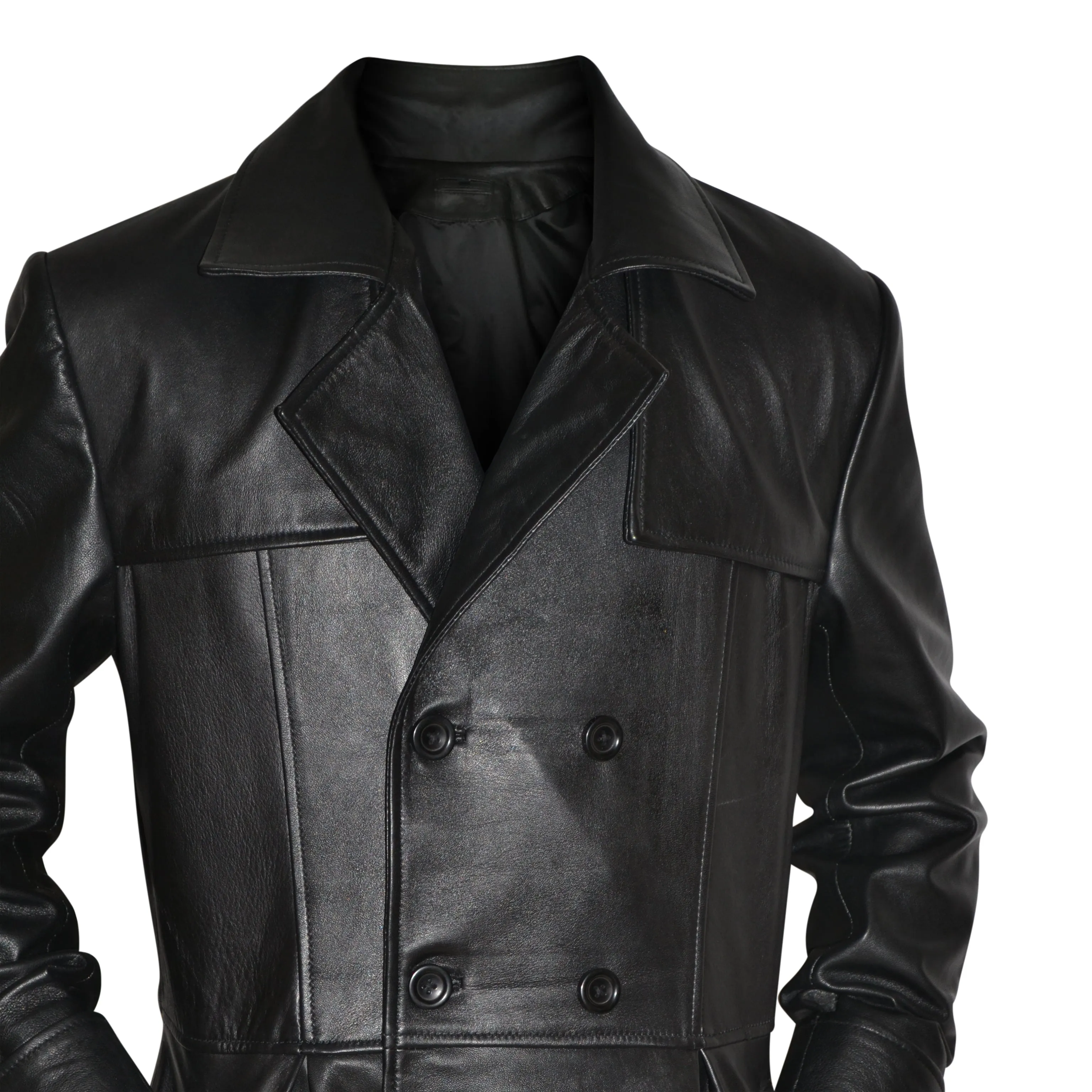 Mens Black Slim Fit Genuine Leather Double Breasted Gothic Trench Long Coat