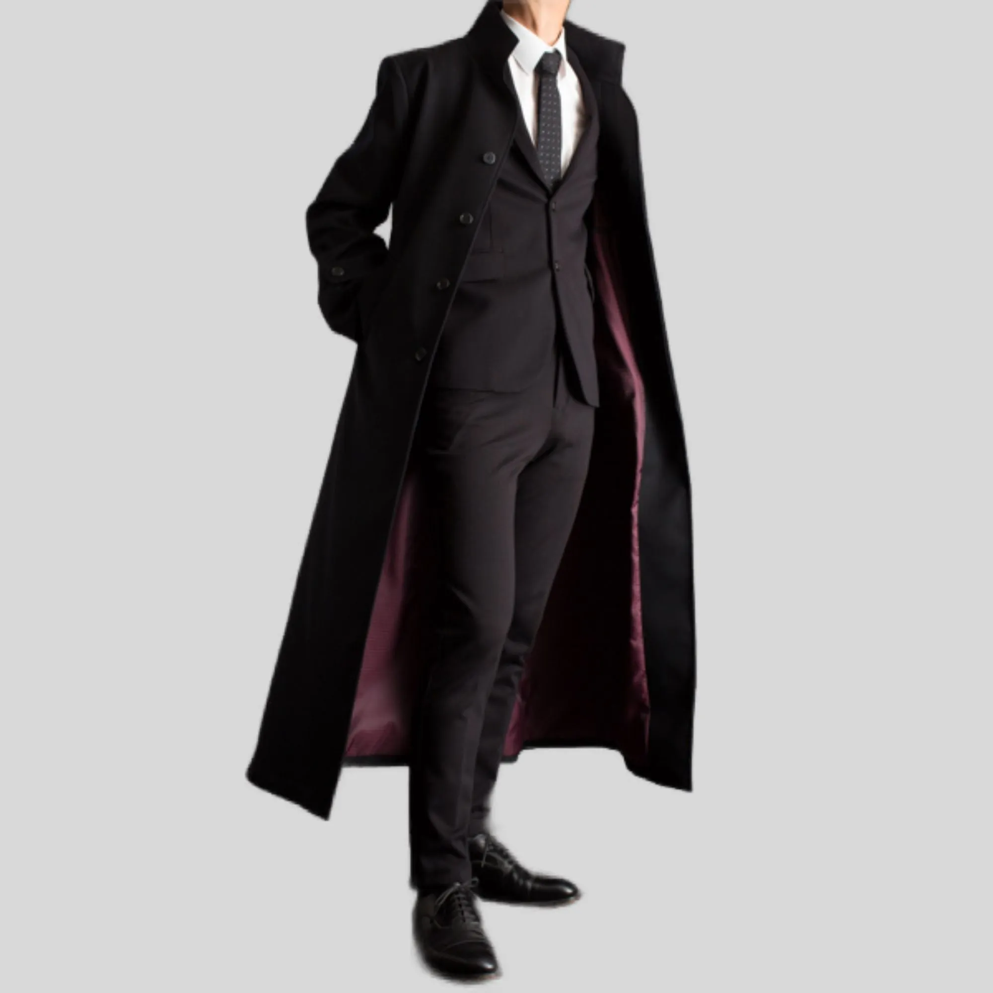 Men's Long Designer Stand-Up Collar Black Belted Genuine Wool Trench Coat