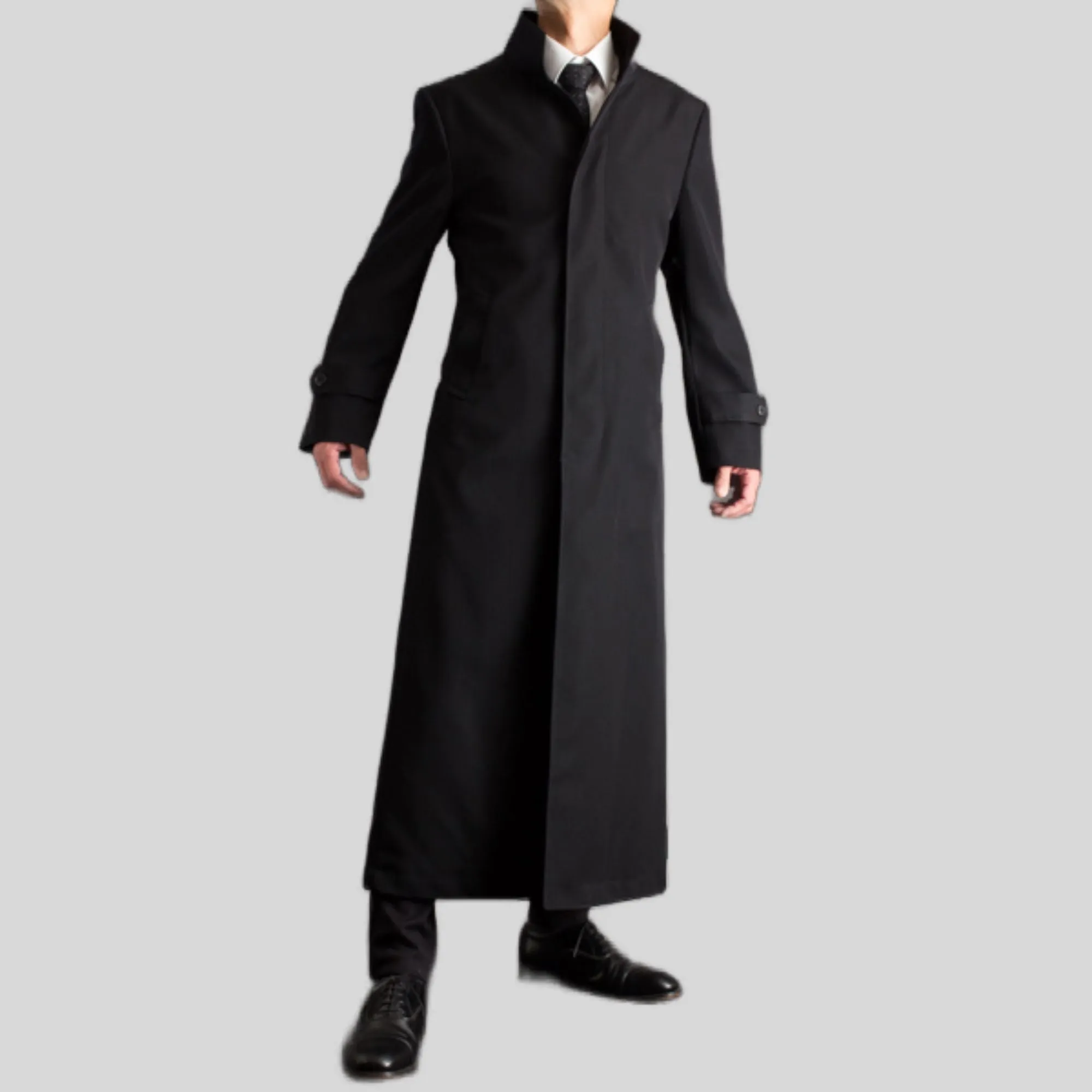 Men's Long Designer Stand-Up Collar Black Belted Genuine Wool Trench Coat