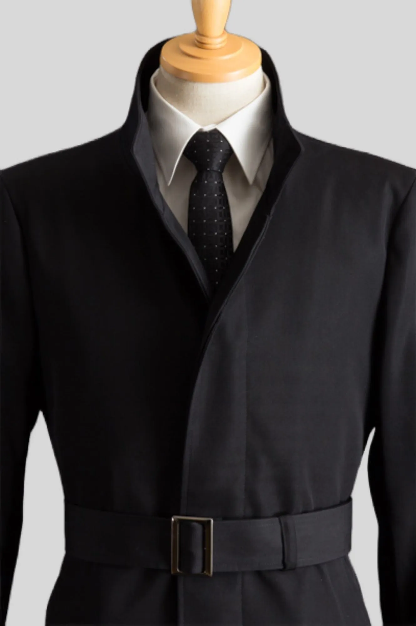 Men's Long Designer Stand-Up Collar Black Belted Genuine Wool Trench Coat