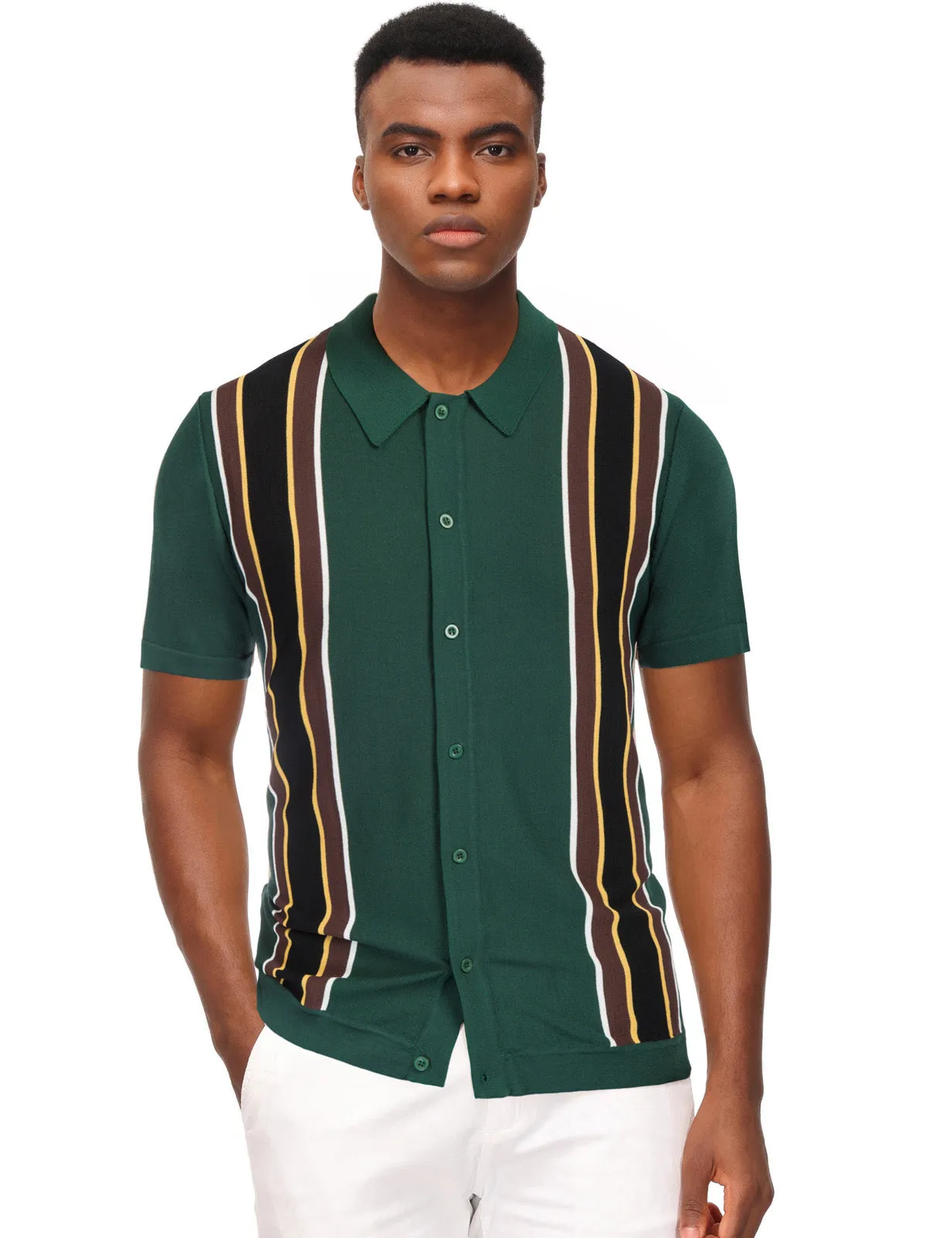 Mens Polo Shirts Vintage Striped Lightweight Knitting Golf Cardigans Shirts