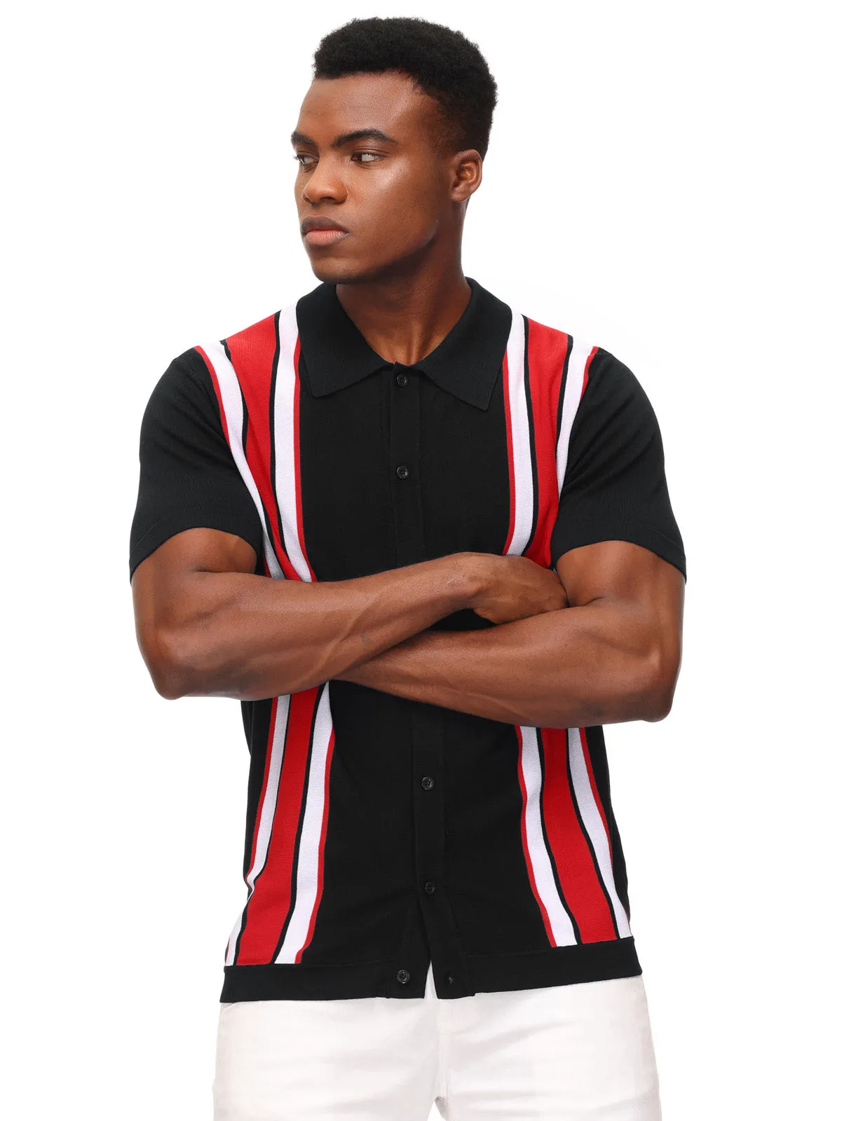 Mens Polo Shirts Vintage Striped Lightweight Knitting Golf Cardigans Shirts